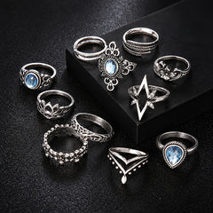 Set of 11 Silver Boho Statement Ring Set