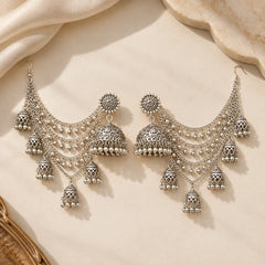 Oxidised Ear Chain Jhumkas