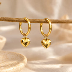 Mini Heart Drop Hoop Earrings - 18K Gold Plated