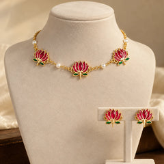 Red Lotus Choker Necklace & Earrings Set