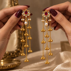 Red Stone Lotus Long Chain Kashmiri Earrings