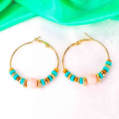 Turquoise and Peach Circular Beaded Hoop Earrings