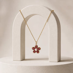 Pink Enamel Flower Pearl Pendant Necklace