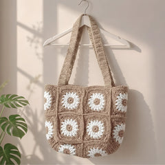 Fawn White Daisy Crochet Tote