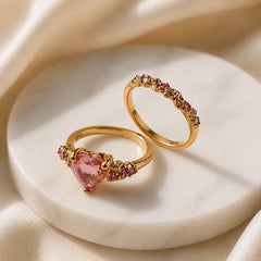 Pink Crystal Heart Rings Set