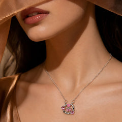 Pink Heart Bow Circle Pendant Necklace