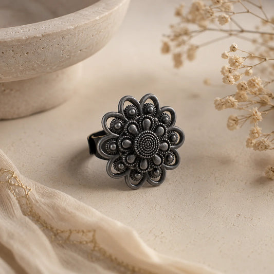 Black Oxidised Floral Petal Ring