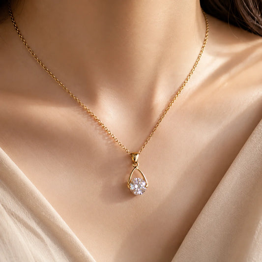 Solitaire Teardrop Pendant Necklace- 18K Gold Plated