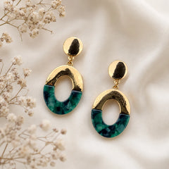 Gold Green Marble Oval Drop Earrings