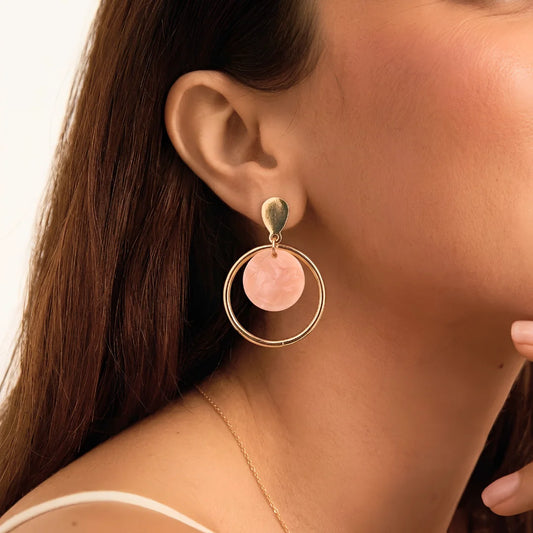Gold Peach Marble Disc Drop Earrings
