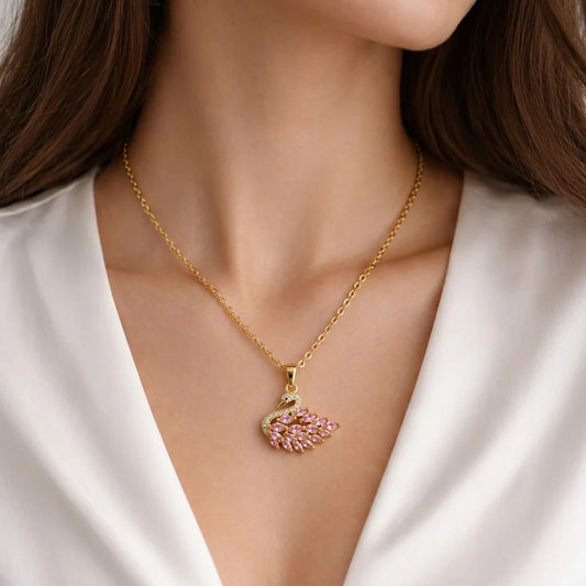 Pink Crystal Swan Pendant Necklace - 18K Gold Plated