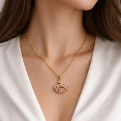 Pink Crystal Swan Pendant Necklace - 18K Gold Plated