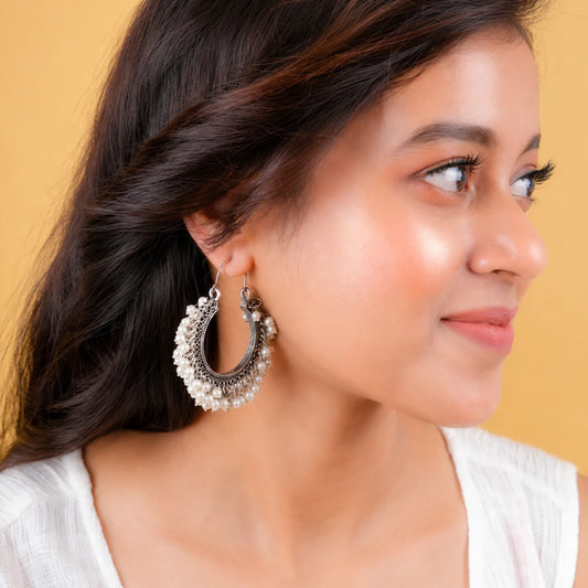 Silver Tone Mogra Pearl Hoop Earrings