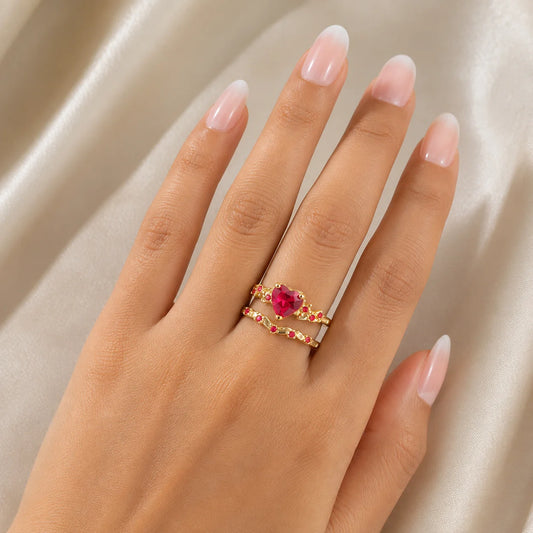 Red Crystal Heart Rings Set