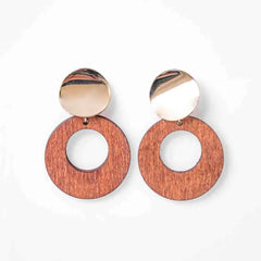 Golden Top Wooden Circular Drop Earrings