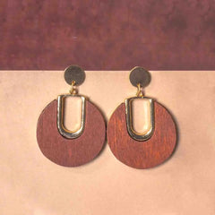 Wooden Round Golden Top Drop Earrings