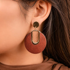Wooden Round Golden Top Drop Earrings