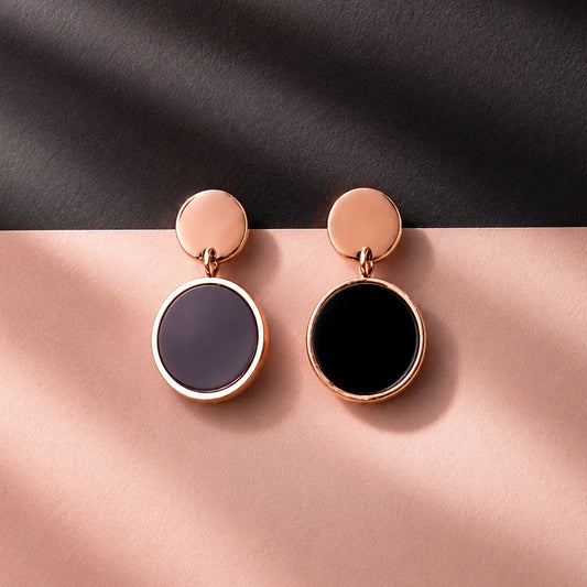 Rose Gold Black Disc Drop Earrings