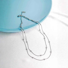 Layered Beaded Ball Chain Necklace - Rhodium Plated