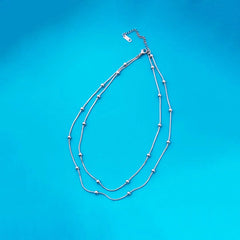 Layered Beaded Ball Chain Necklace - Rhodium Plated