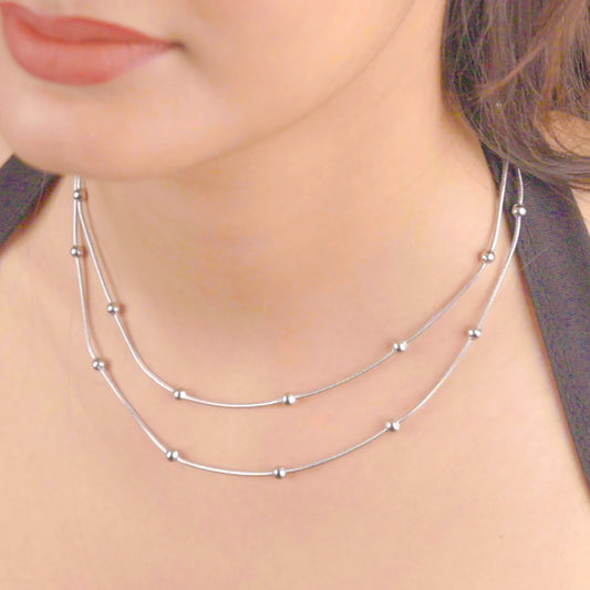 Layered Beaded Ball Chain Necklace - Rhodium Plated