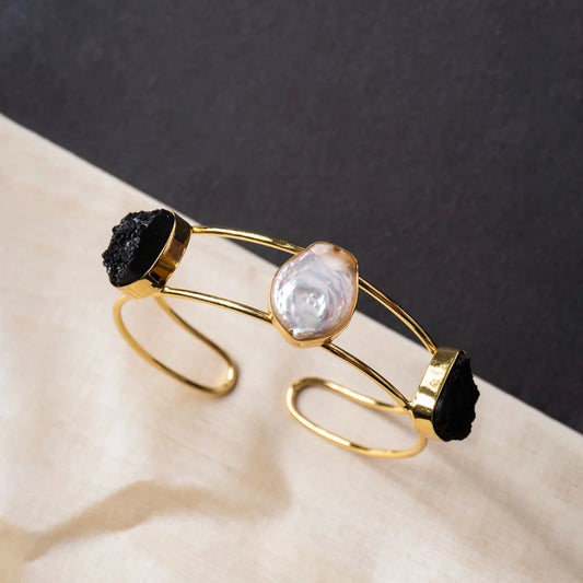 Golden Druzzy Stone And Pearl Bangle