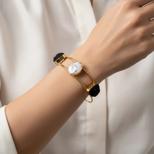 Golden Druzzy Stone And Pearl Bangle