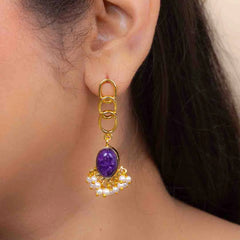 Golden Link Marble Stone Pearl Mogra Earrings