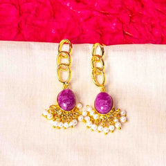 Golden Link Marble Stone Pearl Mogra Earrings