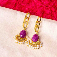 Golden Link Marble Stone Pearl Mogra Earrings