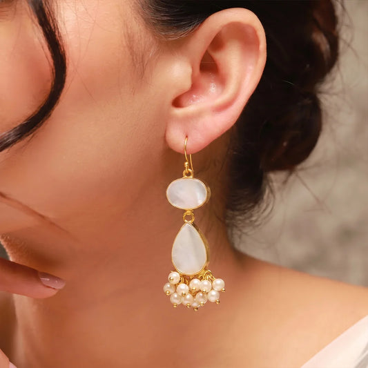 Traditional Golden White Stone Drop Earrings