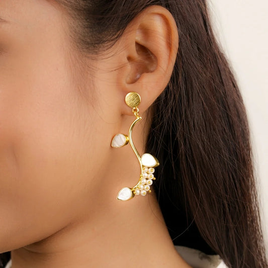 Traditional Gold Leaf Vine Stone Pearl Mogra Earrings
