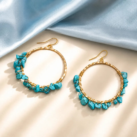 Beaded Turquiose Stone Textured Hoop Earings