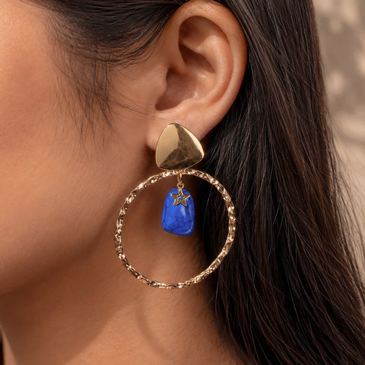 Blue Stone Hammered Halo Drop Earrings