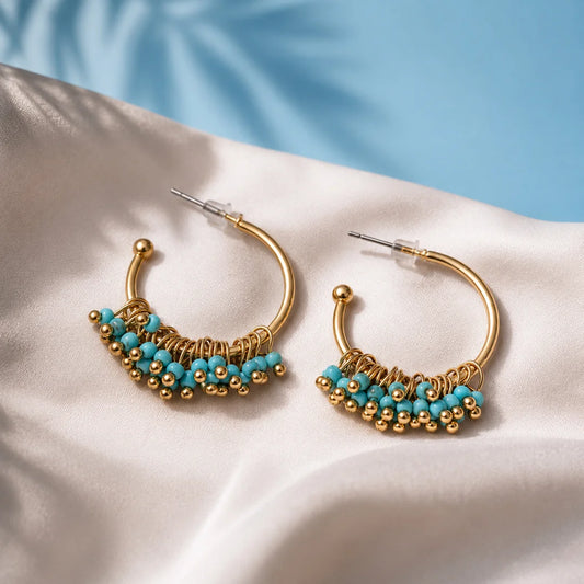 Circular Blue Beaded Open Hoop Earrings