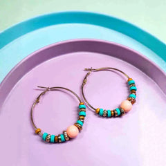 Turquoise and Peach Circular Beaded Hoop Earrings