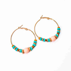 Turquoise and Peach Circular Beaded Hoop Earrings