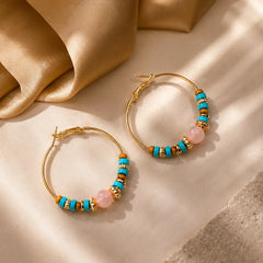 Turquoise and Peach Circular Beaded Hoop Earrings