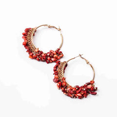 Beaded Red Stone Hoop Earrings