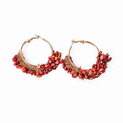 Beaded Red Stone Hoop Earrings
