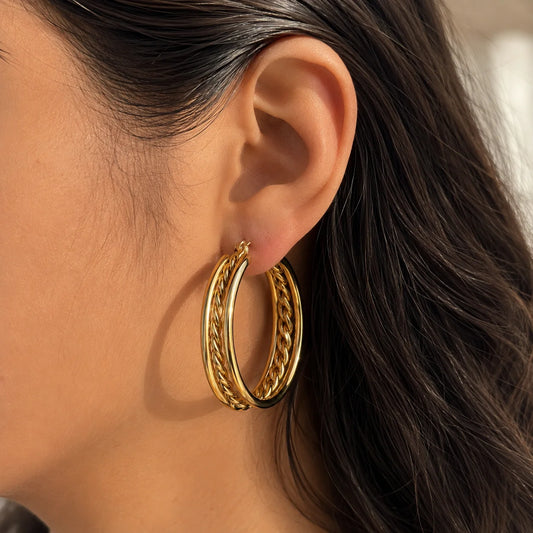 Triple Row Chain Hoop Earrings - 18K Gold Plated