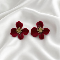 Maroon Velvet Flower Stud Earrings