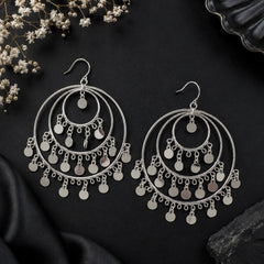 Silver Triple Hoop Coin Tassel Earrings