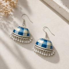Blue & White Mosaic Meenakari Jhumkas