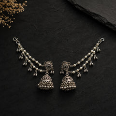 Silver Grace Oxidised Pearl Chain Jhumkas