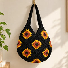 Black Sunflower Crochet Shoulder Bag