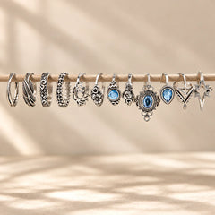 Set of 11 Silver Boho Statement Ring Set