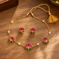 Red Lotus Choker Necklace & Earrings Set