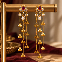 Red Stone Lotus Long Chain Kashmiri Earrings