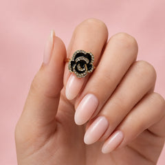 Black Enamel Crystal Rose Ring